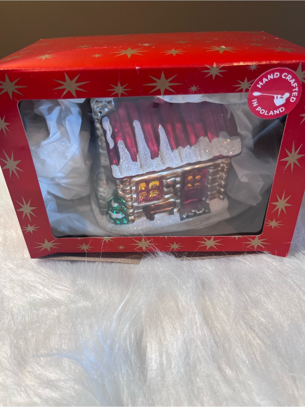 Max Glass Kowalski Family Hand Blown Christmas Cottage Ornament.